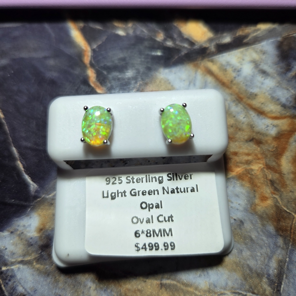 Light Green Natural Opal Oval Stud Earrings in Sterling Silver
